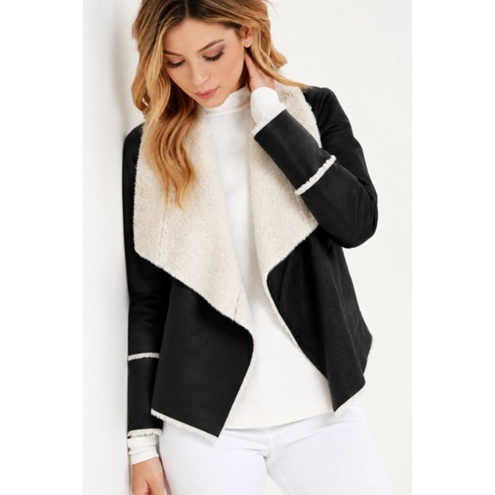 Chaser Think Out Loud Faux Leather Sherpa Coat Black Cream M
